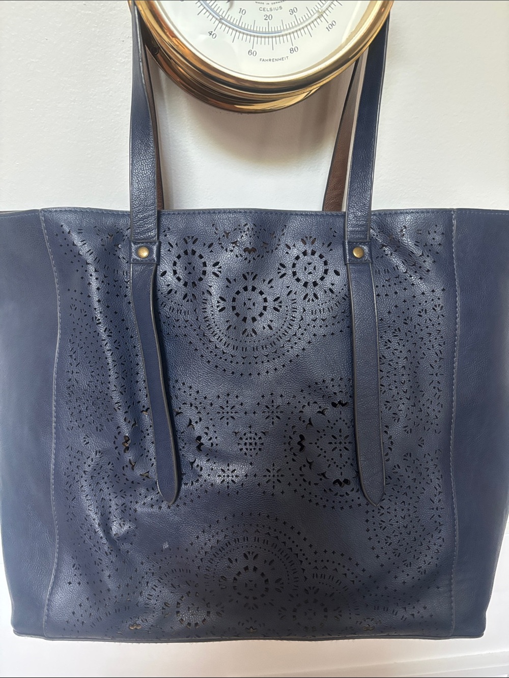 Large leather blue cutout tote bag